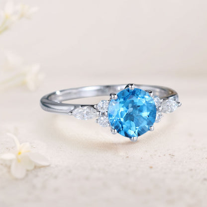 Unique Round Blue Lab Topaz Engagement Rings Cluster Promise Ring