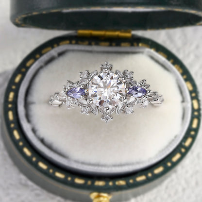 Unique Briar Rose Three Stone Round Moissanite Ring