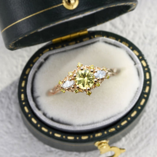 Unique Briar Rose Three Stone Round Citrine Ring