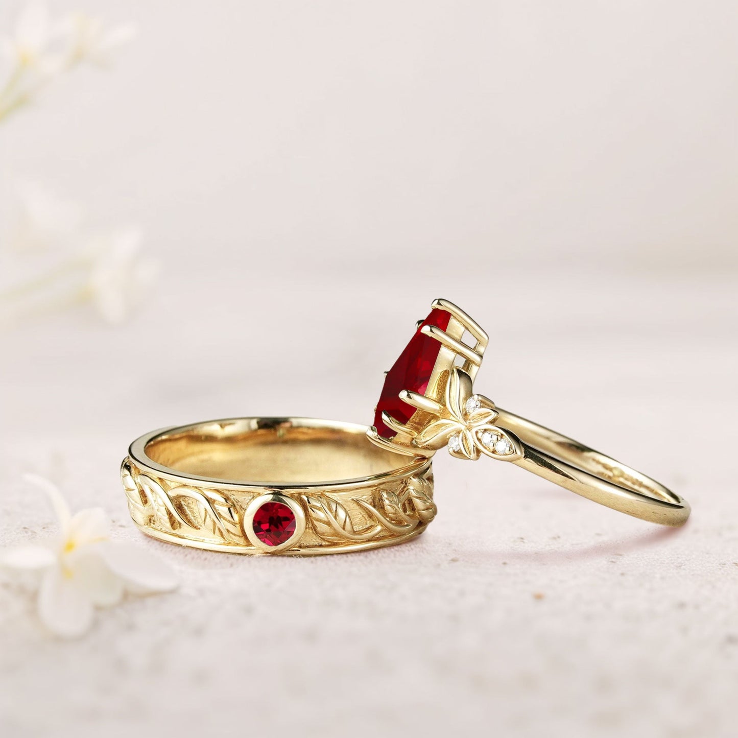 Unique Kite Lab Ruby Promise Engagement Ring Wedding  Ring Set For Couples