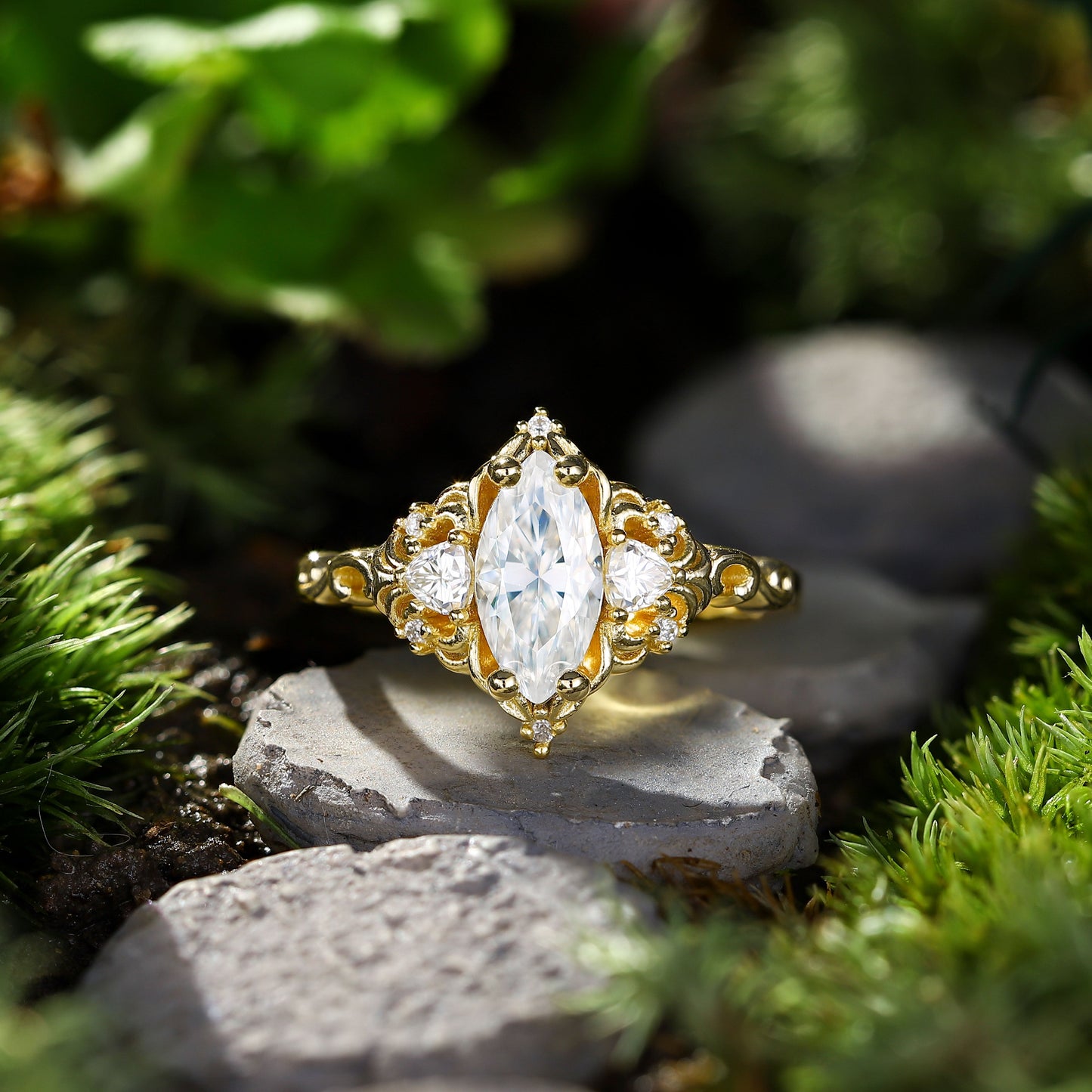 Unique Aurora Three Stone Marquise Moissanite Ring