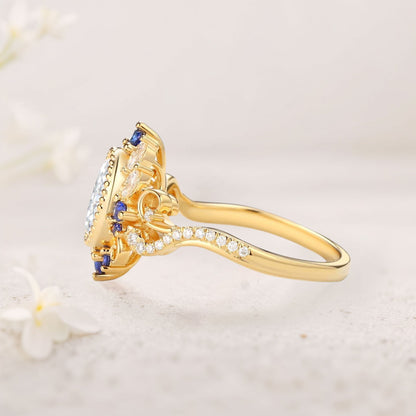 Unique floral engagement rings Halo Oval Moissanite and Lab Sapphire Twist Ring
