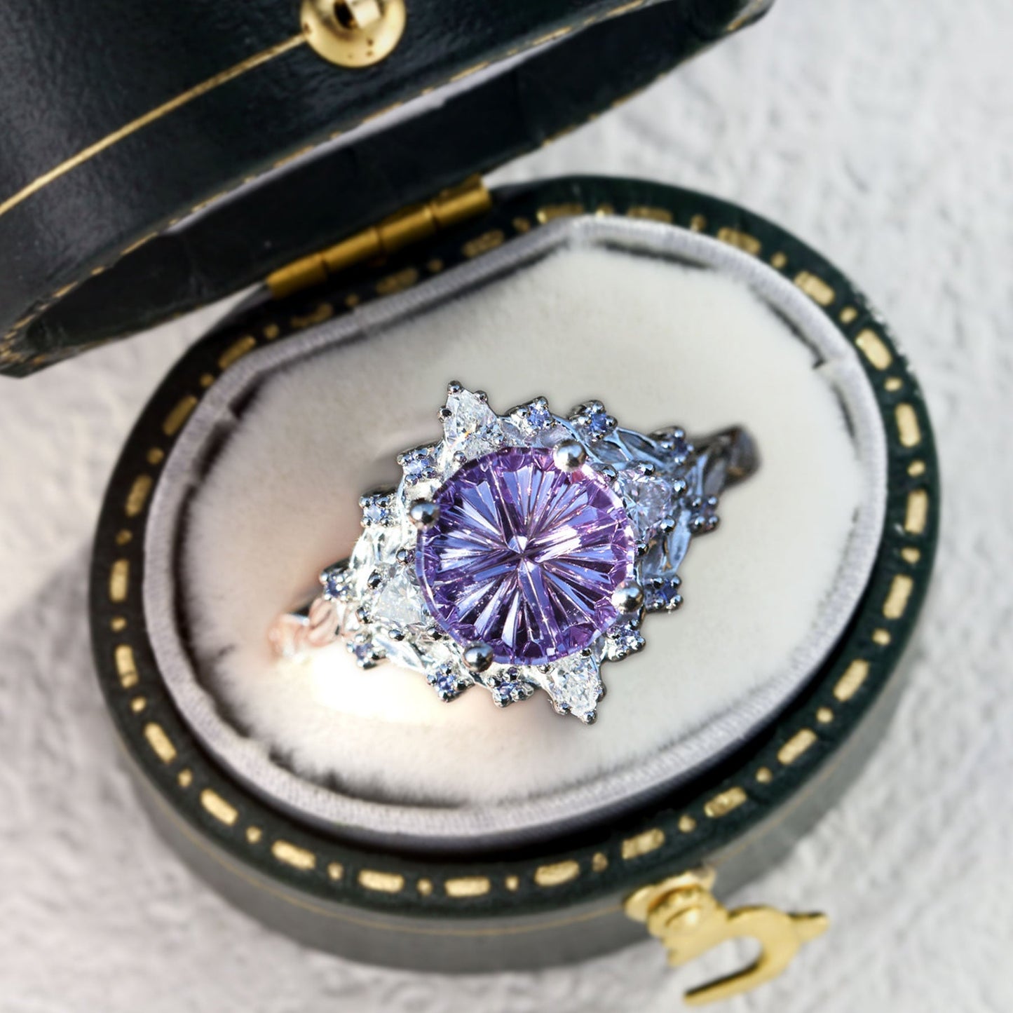 Unique Briar Rose Three Stone Starbrite Cut Round Purple Lab Sapphire Ring