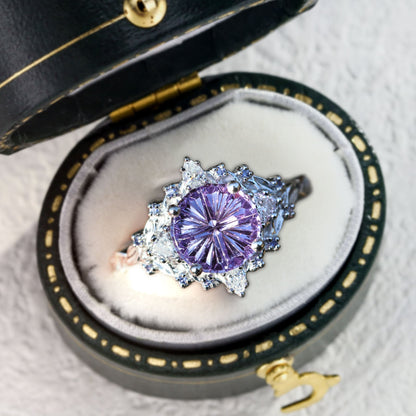 Unique Briar Rose Three Stone Starbrite Cut Round Purple Lab Sapphire Ring