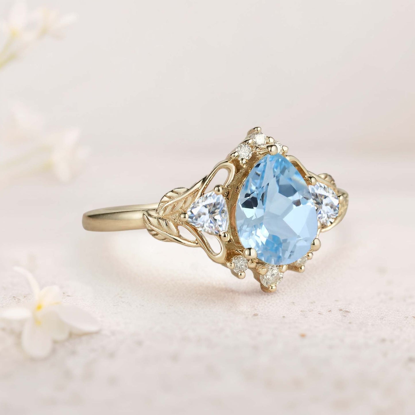 Unique floral engagement rings Pear Lab Aquamarine and Moissanite side stones Leaf Ring Engagement Ring