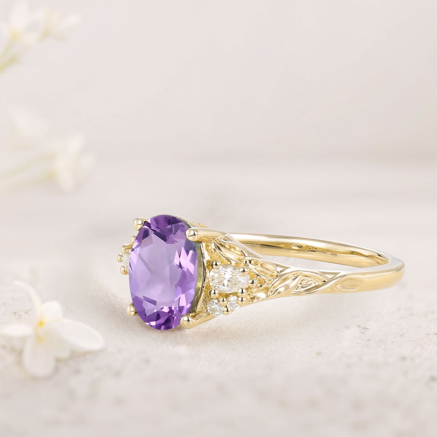 Unique Oval Amethyst and Moissanite Wedding Ring