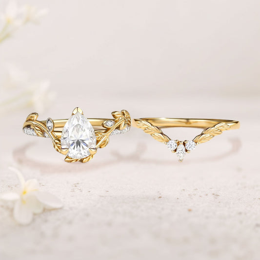 Unique floral engagement rings Pear Moissanite Nature Inspired Leafy Bridal Set