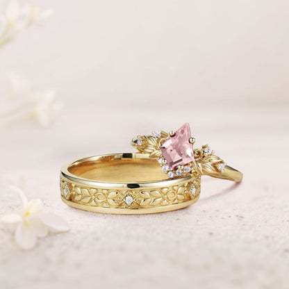 Vintage Kite Lab Padparadscha Promise Ring Engagement Ring Set for Couples