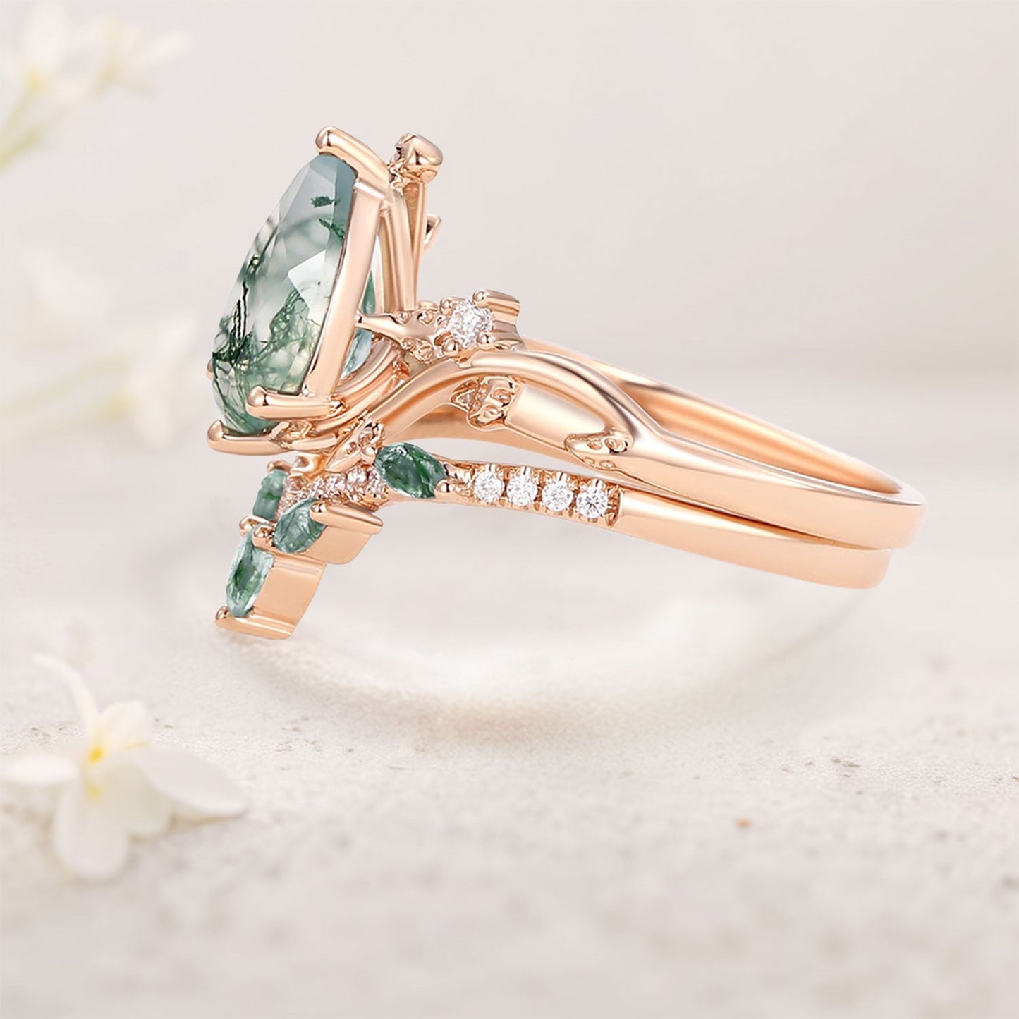 Unique Pear Moss Agate Vine Engagement Ring Set