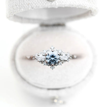 Unique Celeste Rose Three Stone Round Grey Blue Moissanite Ring