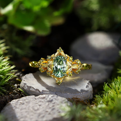 Unique Briar Rose Halo Oval Green Lab Sapphire Ring