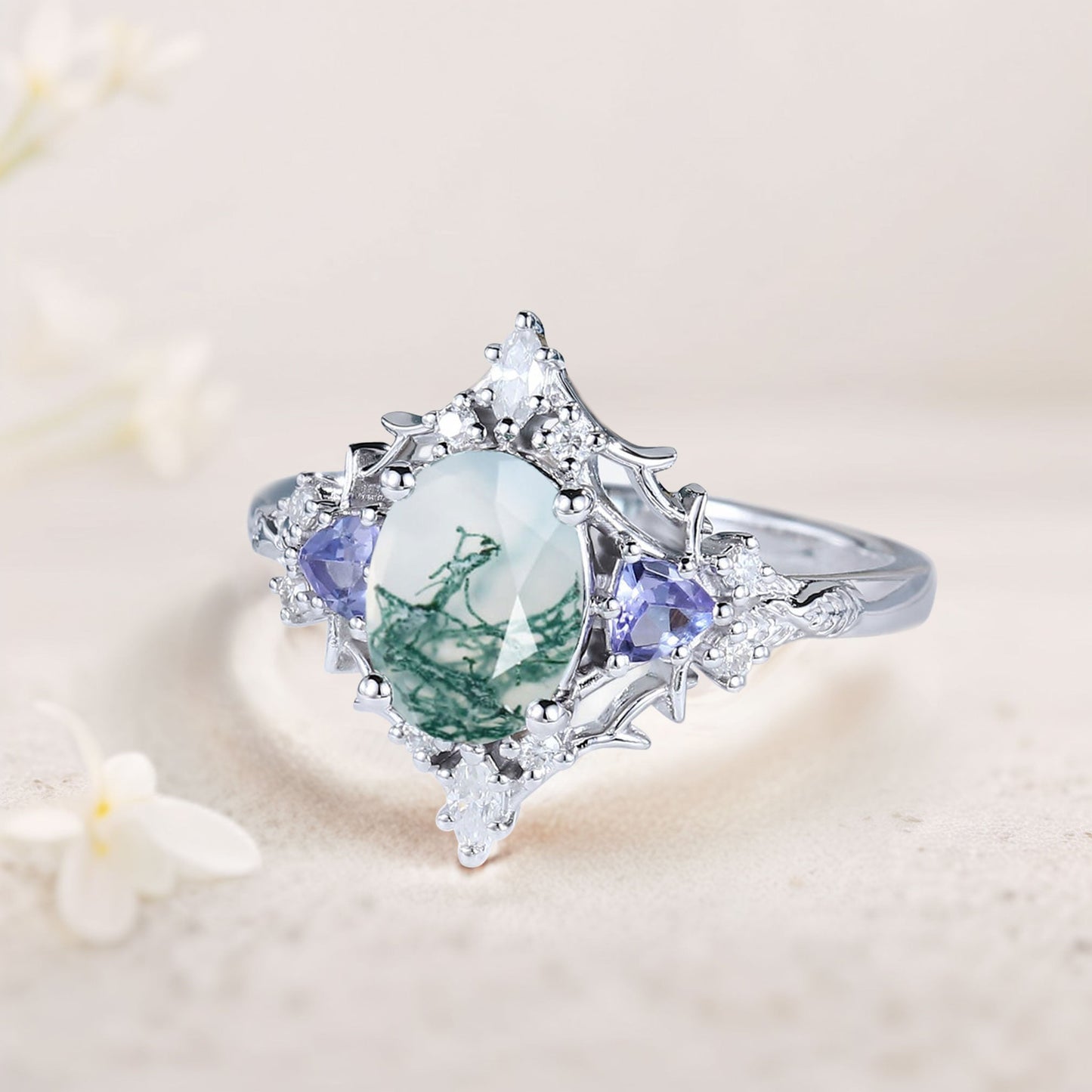 Vintage Briar Rose Oval Moss Agate Engagement Ring Filigree Ring