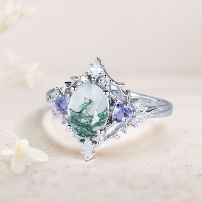 Vintage Briar Rose Oval Moss Agate Engagement Ring Filigree Ring