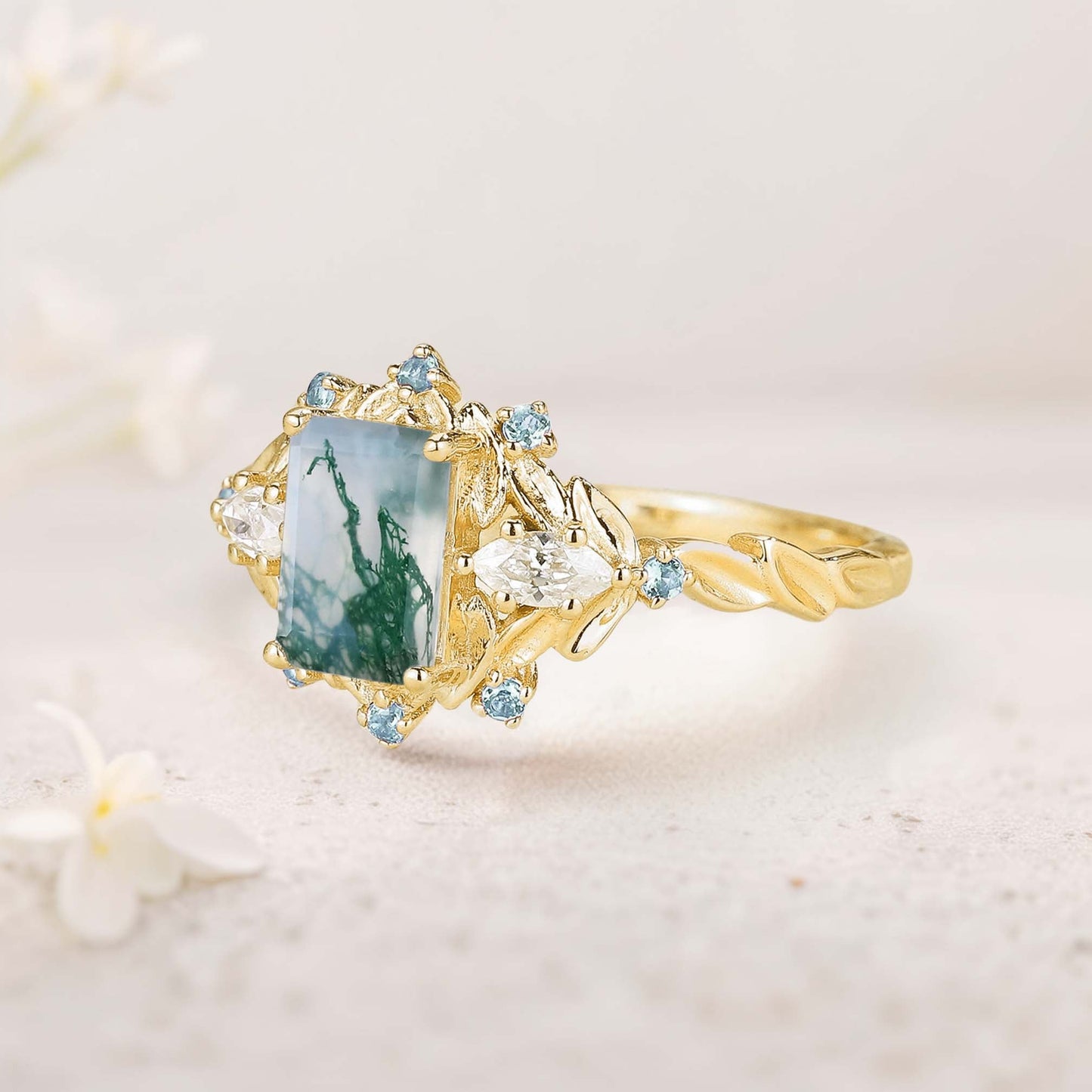Unique floral engagement rings Emerald Cut Moss Agate Flower Engagement Ring Leaf Wedding Ring