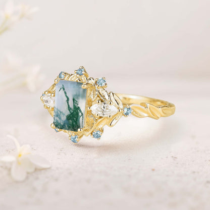 Unique floral engagement rings Emerald Cut Moss Agate Flower Engagement Ring Leaf Wedding Ring
