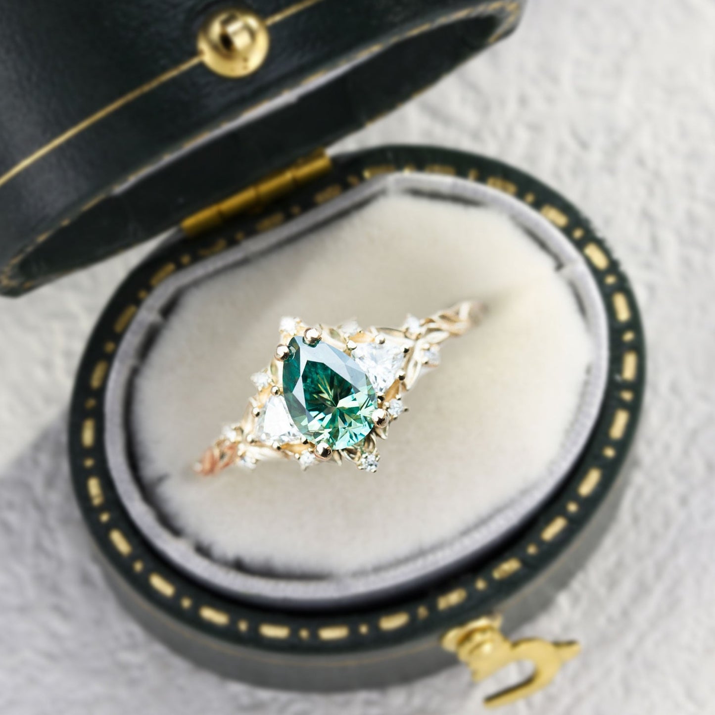 Unique Briar Rose Three Stone Pear Teal Moissanite Ring