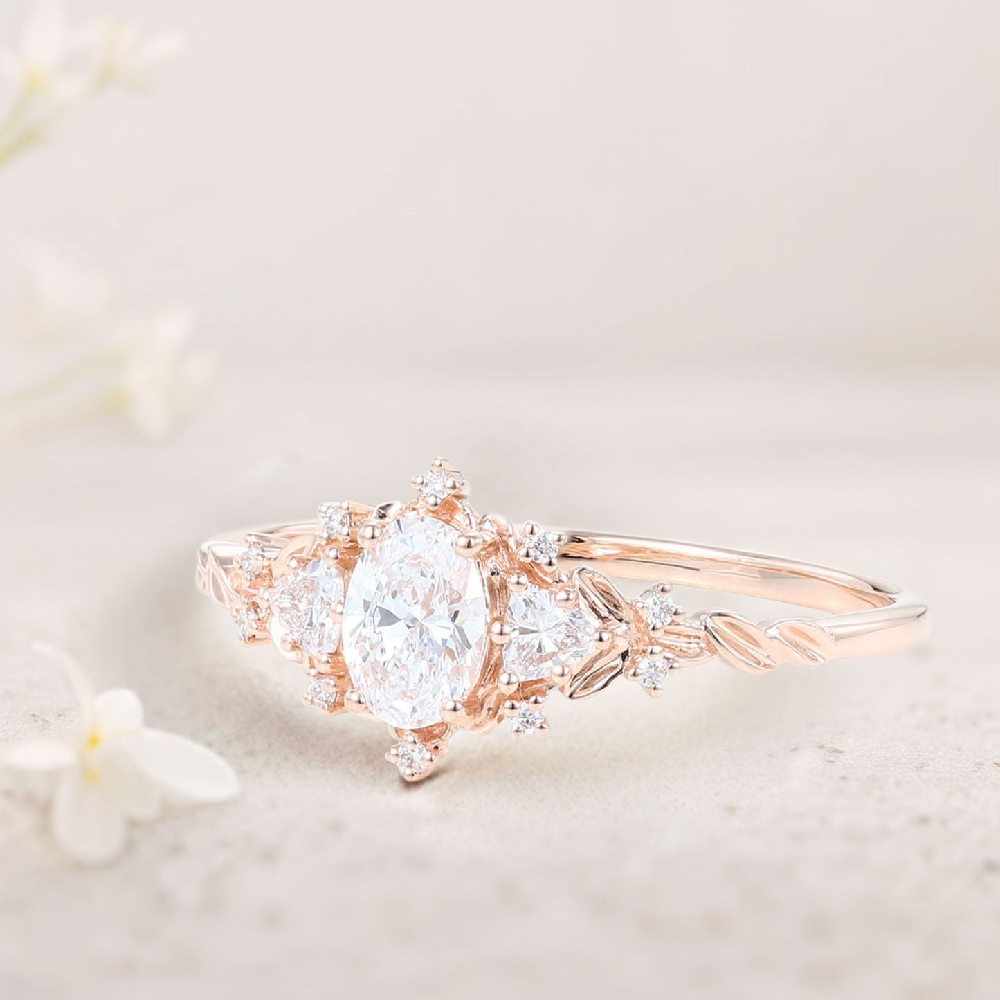 Classic Briar Rose Oval Moissanite Olive Leaves Engagement Ring Fairy Ring