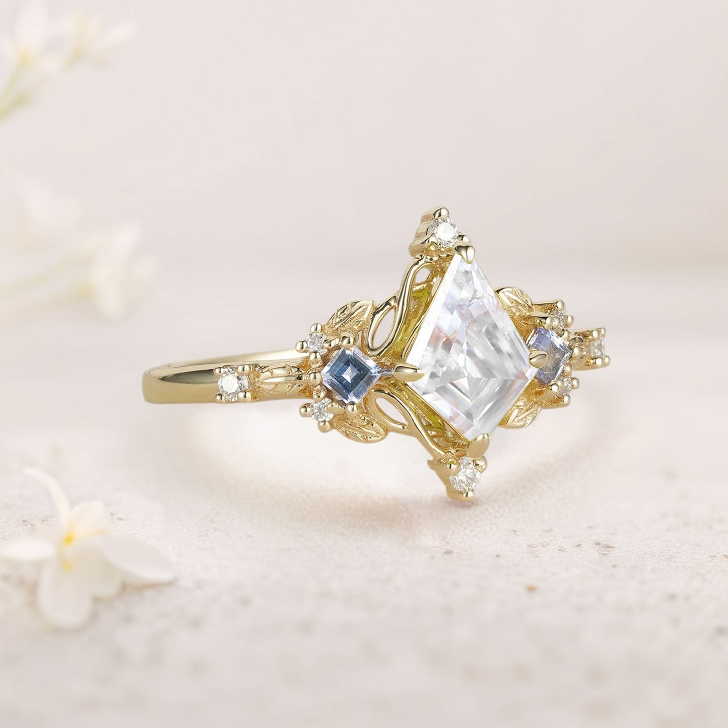 Unique Kite Three Stone Moissanite Leaf Ring