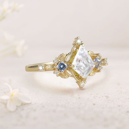 Unique Kite Three Stone Moissanite Leaf Ring