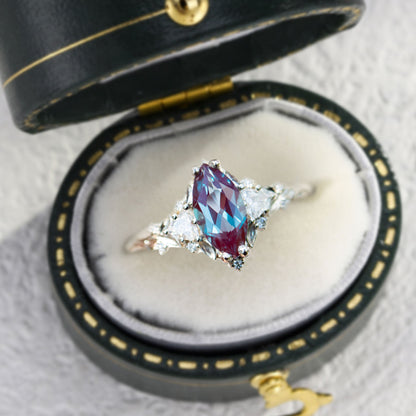 Unique Briar Rose Three Stone Marquise Lab Alexandrite Ring