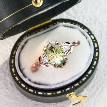 Unique Three Stone Starbrite Cut Oval Green Lab Sapphire Leafy Ring