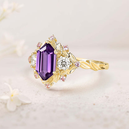 Unique floral engagement rings Long Hexagon Amethyst Cluster Wedding Ring Promise Ring For Women