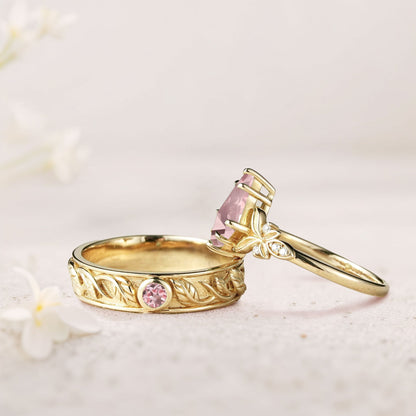 Unique Kite Lab Padparadscha Promise Engagement Ring Wedding  Ring Set For Couples