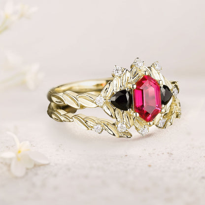 Unique floral engagement rings Long Hexagon Ruby Leaf Engagement Ring Wedding Ring Set