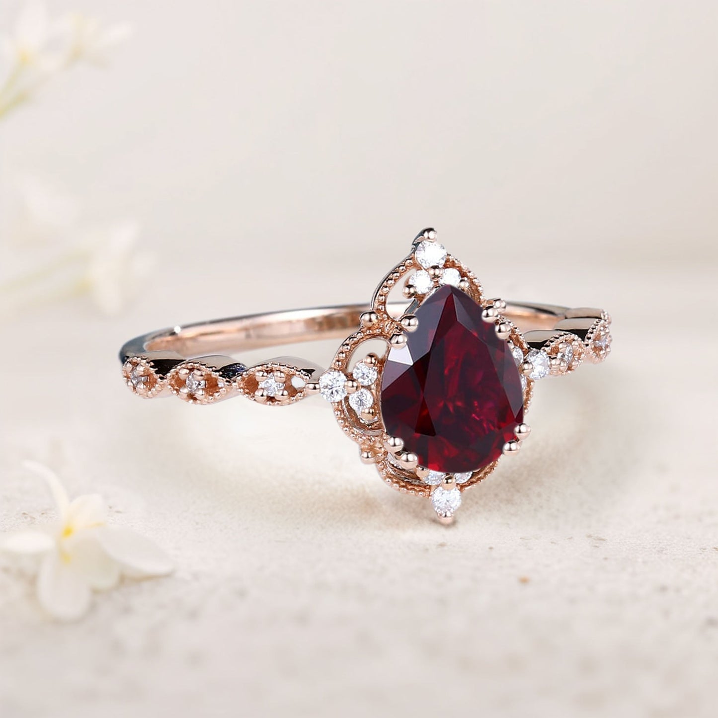 Vintage Pear Ruby Engagement Ring Bridal Ring