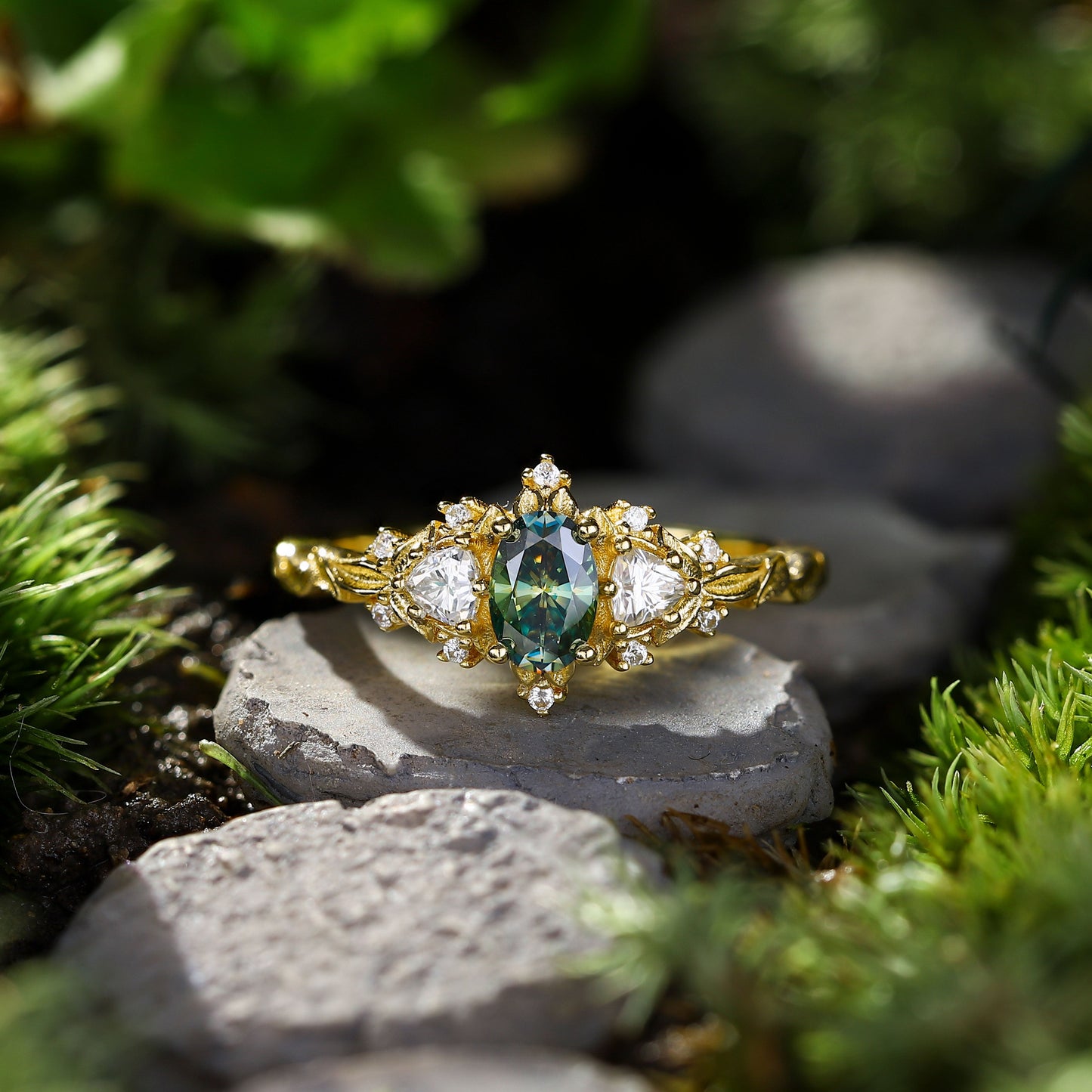 Unique Briar Rose Three Stone Oval Teal Moissanite Ring