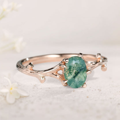 Unique Oval Moss Agate Engagement Ring Solitaire Branch Shape Engagement Ring Promise Ring