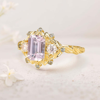 Vintage Three Stone Emerald cut Lab Morganite Engagement ring Fairy ring