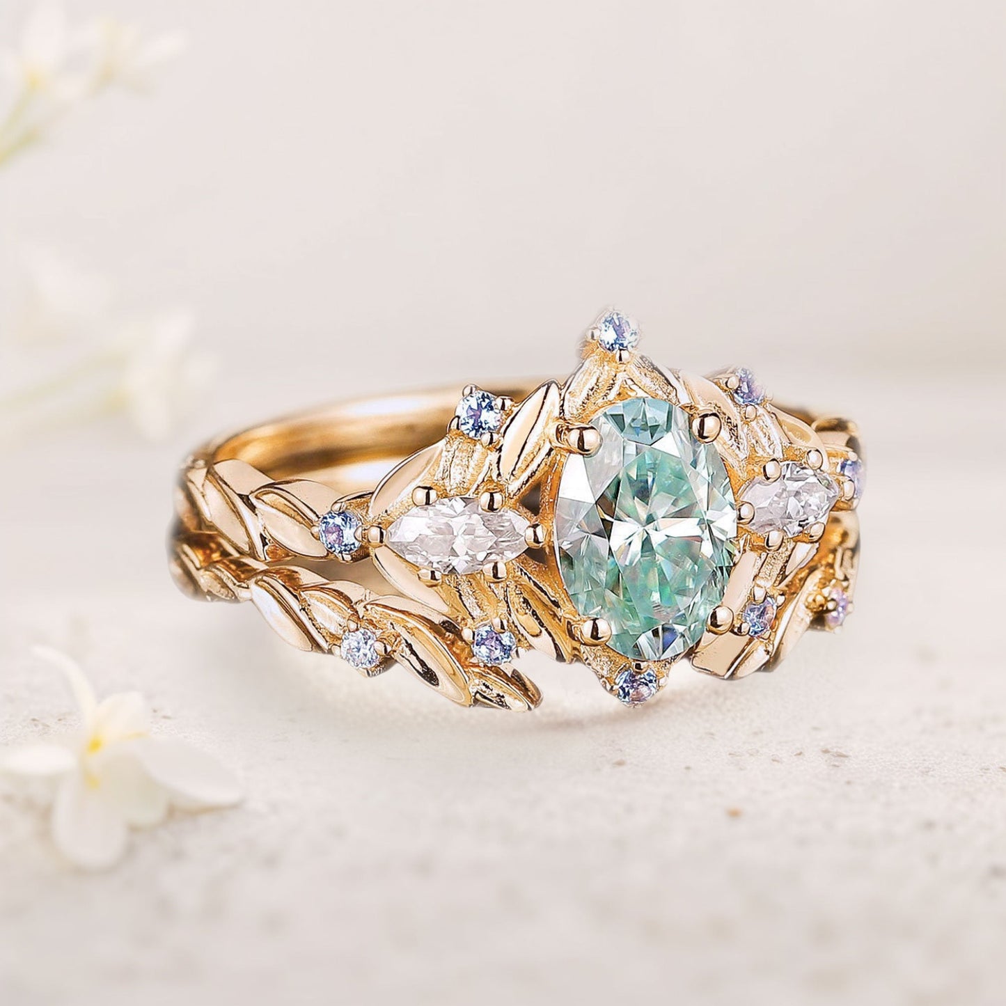 Vintage floral engagement rings Oval Green Moissanite Engagement Ring set Sapphire leaf Ring set