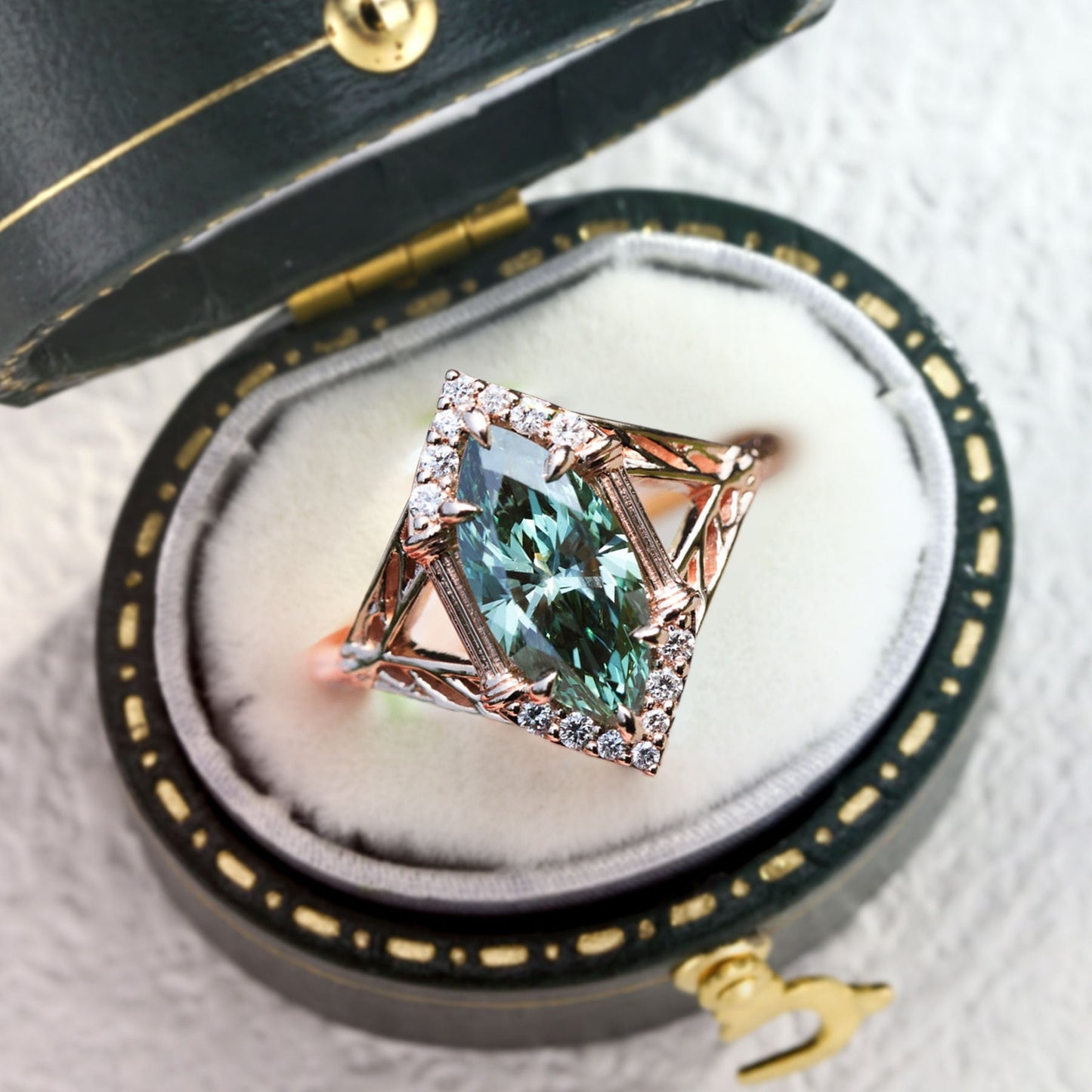 Unique Marquise Green Lab Sapphire Engagement Ring