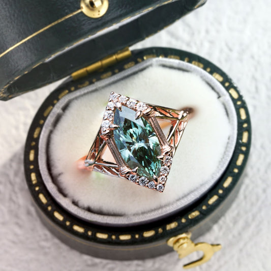 Unique Marquise Green Lab Sapphire Engagement Ring
