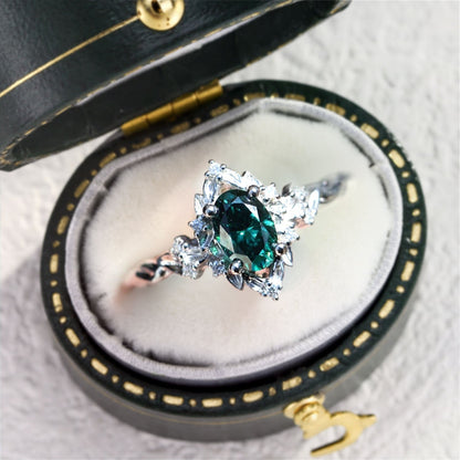 Unique Briar Rose Halo Oval Green Lab Sapphire Engagement Ring