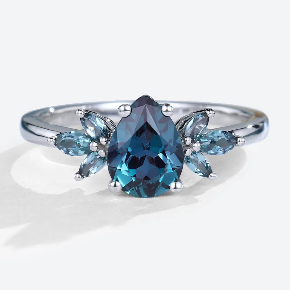 Unique Pear Lab Alexandrite Engagement Ring with Petal Accents