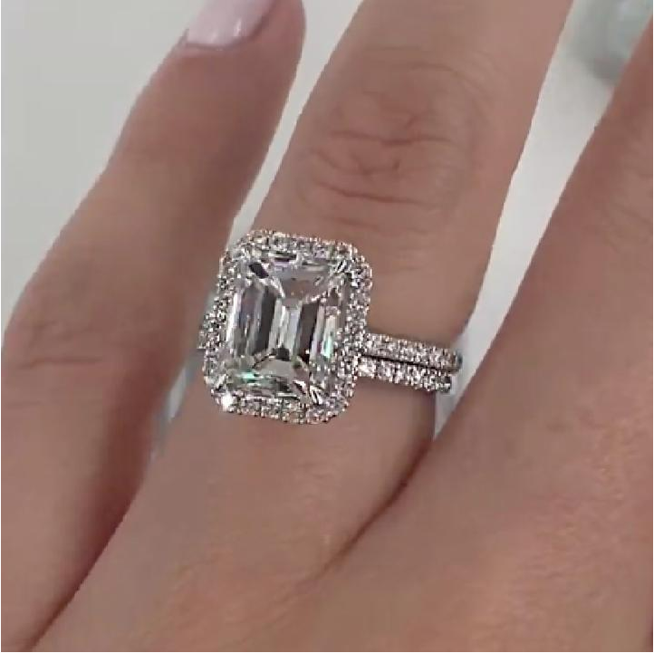 Halo Emerald Cut Sterling Silver Bridal Set with Side Stone Band