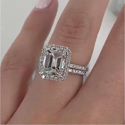 Halo Emerald Cut Sterling Silver Bridal Set with Side Stone Band