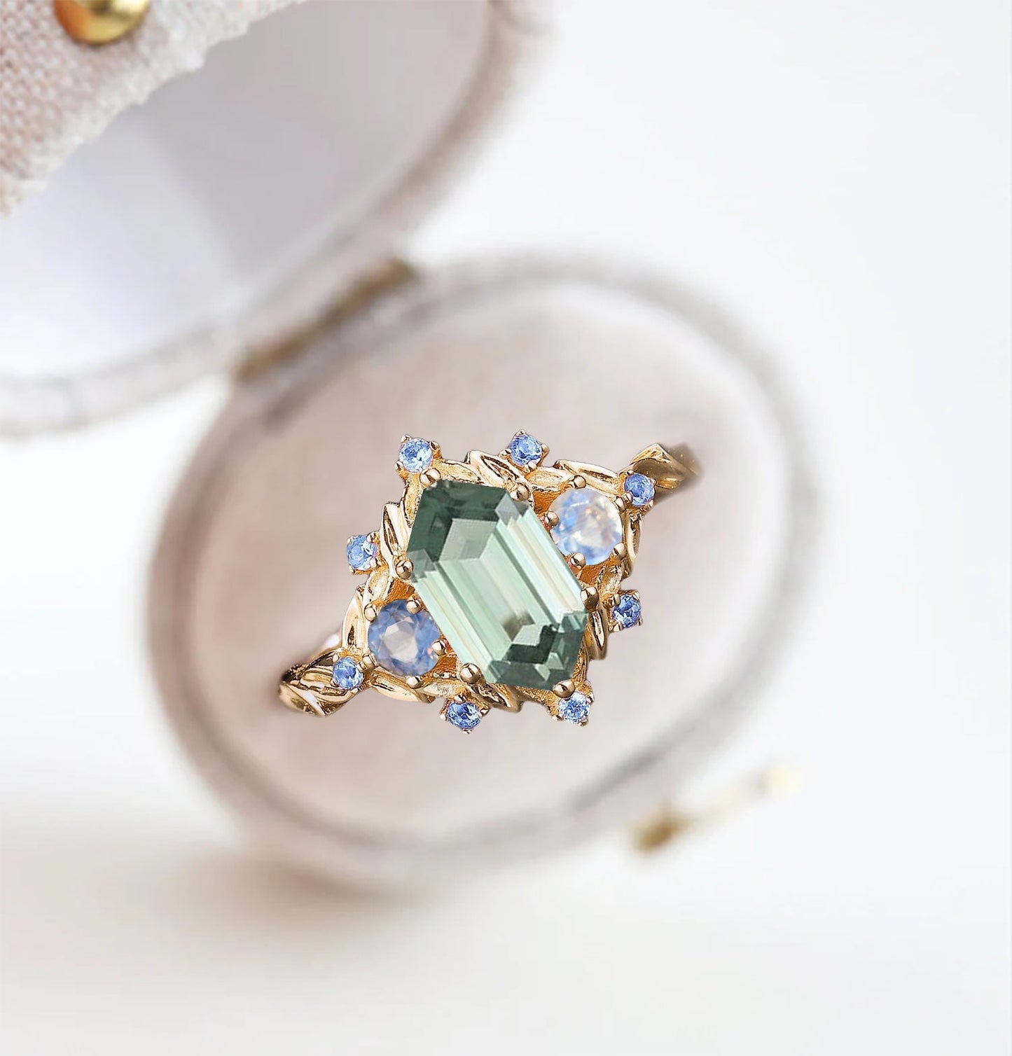 Unique floral engagement rings Three Stone Hexagon Green Lab Sapphire Engagement Ring