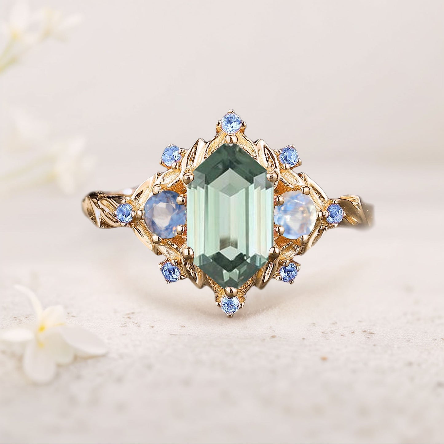 Unique floral engagement rings Three Stone Hexagon Green Lab Sapphire Engagement Ring