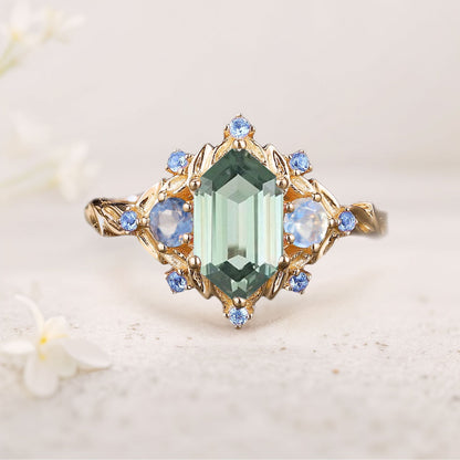 Unique floral engagement rings Three Stone Hexagon Green Lab Sapphire Engagement Ring