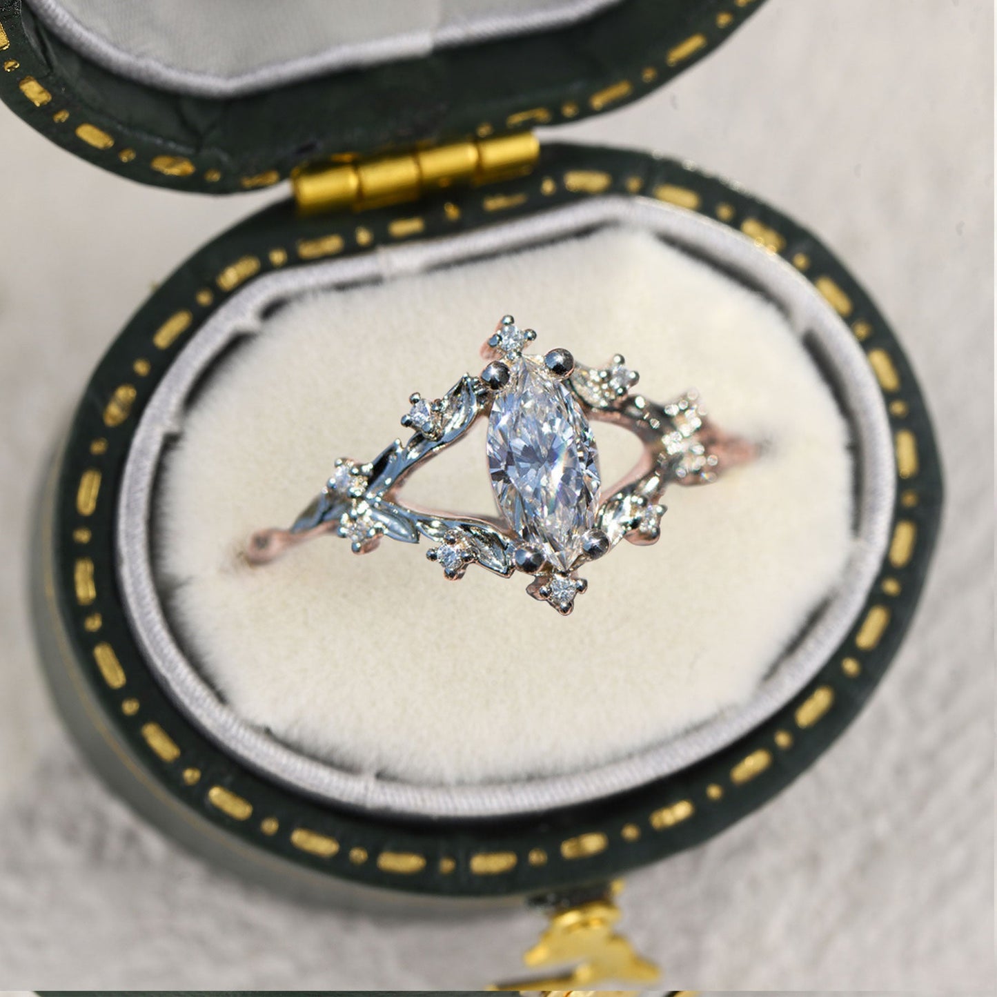 Unique Briar Rose Marquise Moissanite Ring