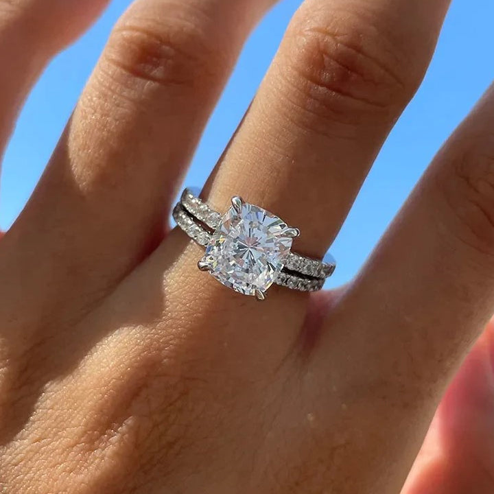 Sale | 2Pcs Solitaire  Cushion Cut Bridal Set Rings In Sterling Silver