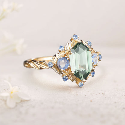 Unique floral engagement rings Three Stone Hexagon Green Lab Sapphire Engagement Ring