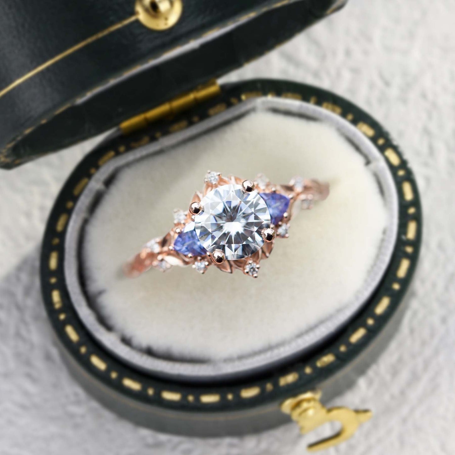 Unique Briar Rose Three Stone Round Moissanite Ring