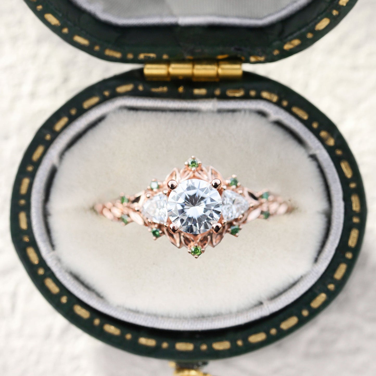 Unique Briar Rose Three Stone Round Moissanite and Green Moissanite accents Ring