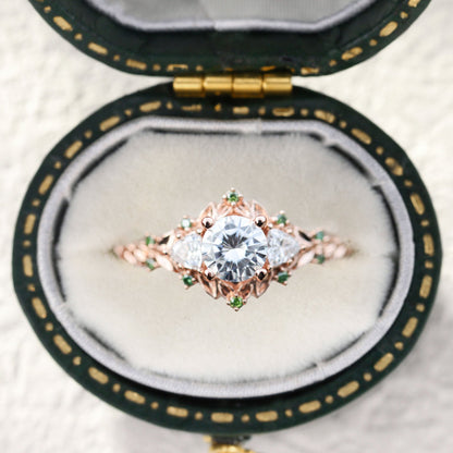 Unique Briar Rose Three Stone Round Moissanite and Green Moissanite accents Ring