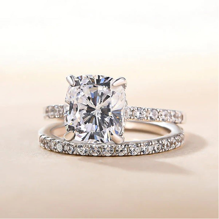 Sale | 2Pcs Solitaire  Cushion Cut Bridal Set Rings In Sterling Silver