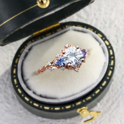 Unique Briar Rose Three Stone Round Moissanite Ring